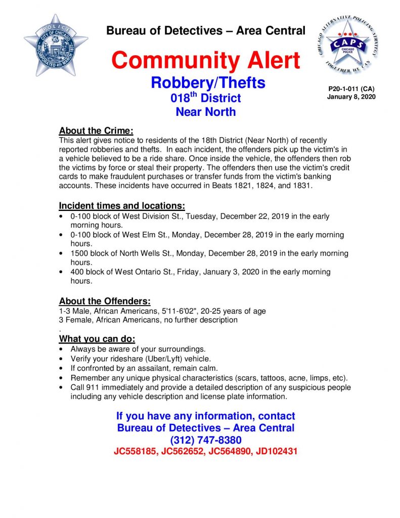 Community Alert – Robbery/Thefts 018th District Near North – January 8 ...