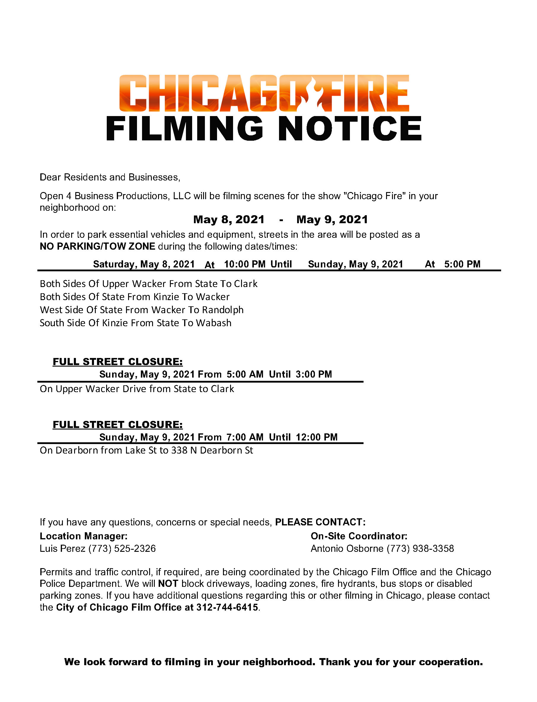 Chicago Fire Filming Notice No Parking Zones May 8th and May 9th